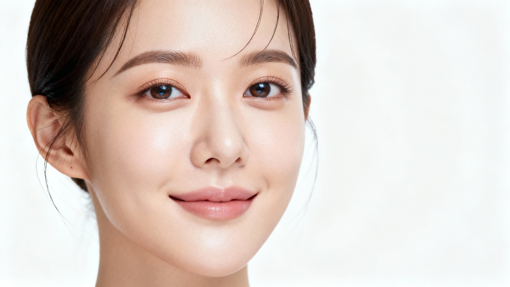 Close-up studio portrait of a woman with flawless, evenly-lit skin, illustrating a photo after specular highlights have been removed.