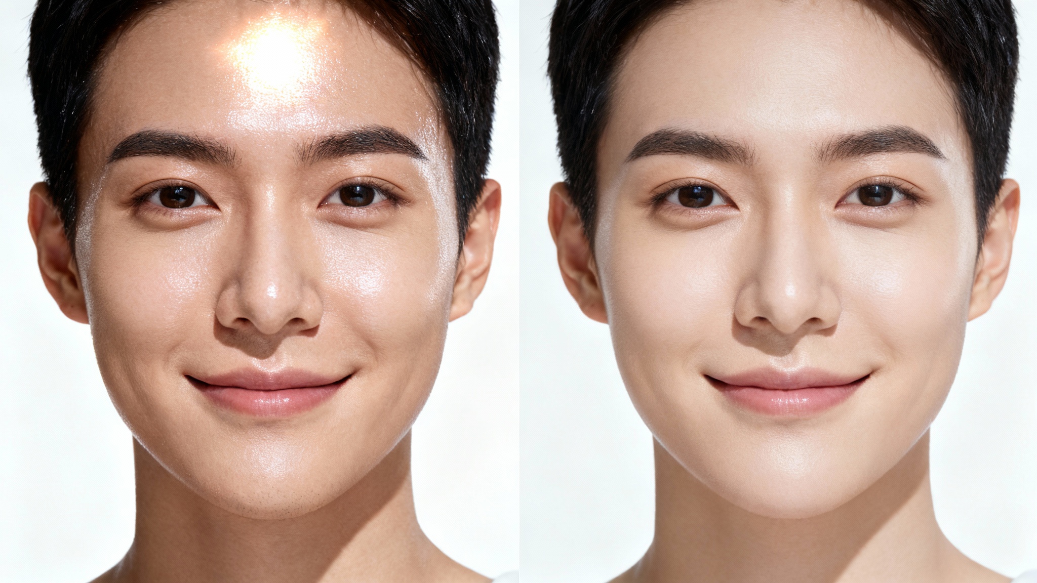 A split-screen image showing the effect of specular highlight removal on a person's face. The 'before' side shows shiny skin with a harsh glare, and the 'after' side shows the same face with smooth, matte skin.