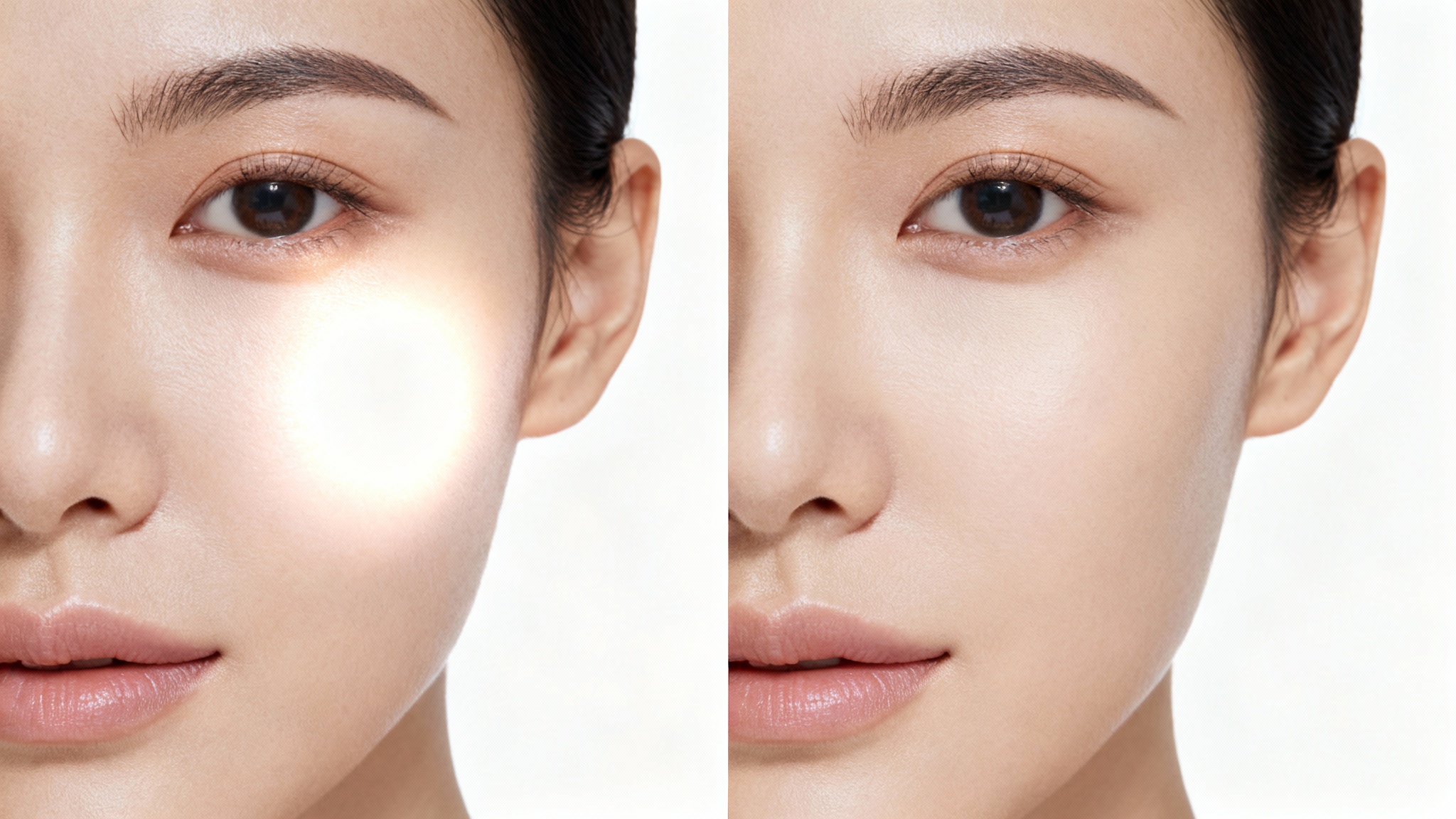 A before-and-after comparison image illustrating specular highlight removal on a person's face. The left side shows a shiny, distracting glare on the cheek, while the right side shows the same face with smooth, clear skin after the highlight has been removed.