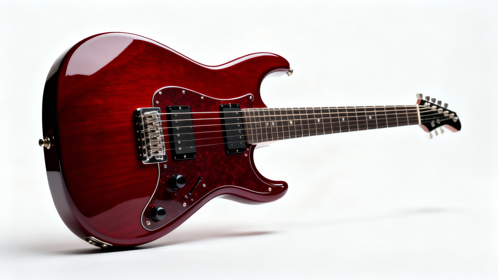 A photorealistic image of a glossy red electric guitar on a white background, expertly edited to show no light glare or specular highlights, demonstrating the effect of highlight removal.