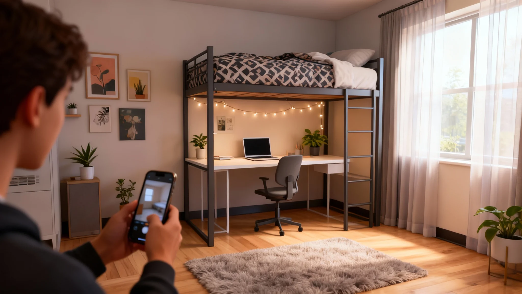 A beautifully rendered image of a modern, well-organized dorm room, presented as the final output of a design tool. The room features a loft bed with a study area underneath, decorative wall art, and warm lighting.
