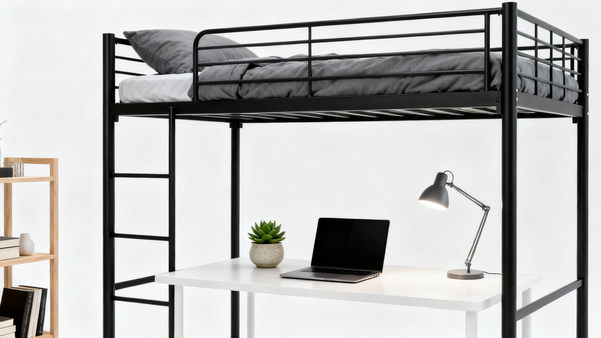 A modern and organized dorm room with a loft bed and a desk, visualized as a clean design mockup on a white background.