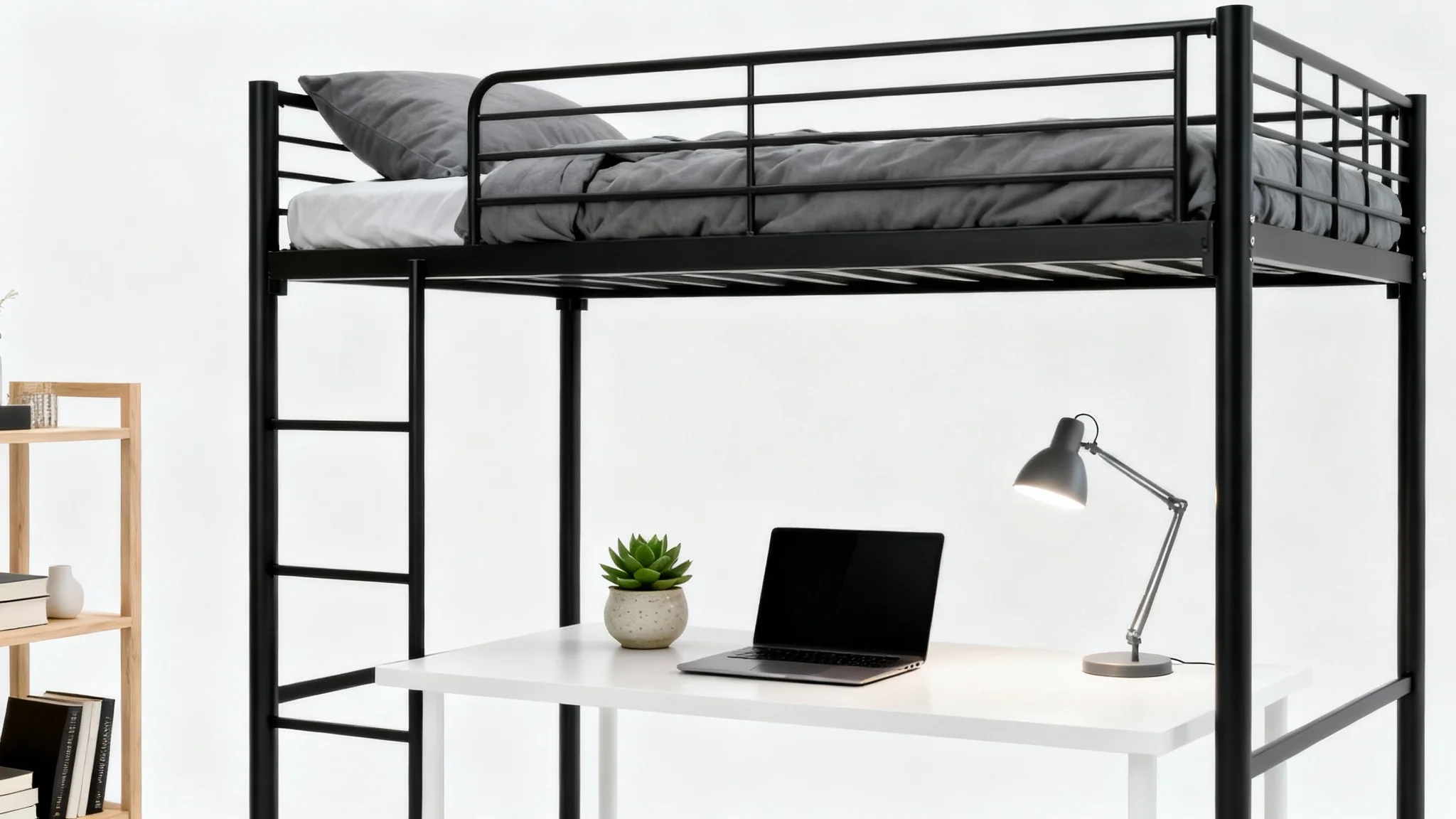 A modern and organized dorm room with a loft bed and a desk, visualized as a clean design mockup on a white background.