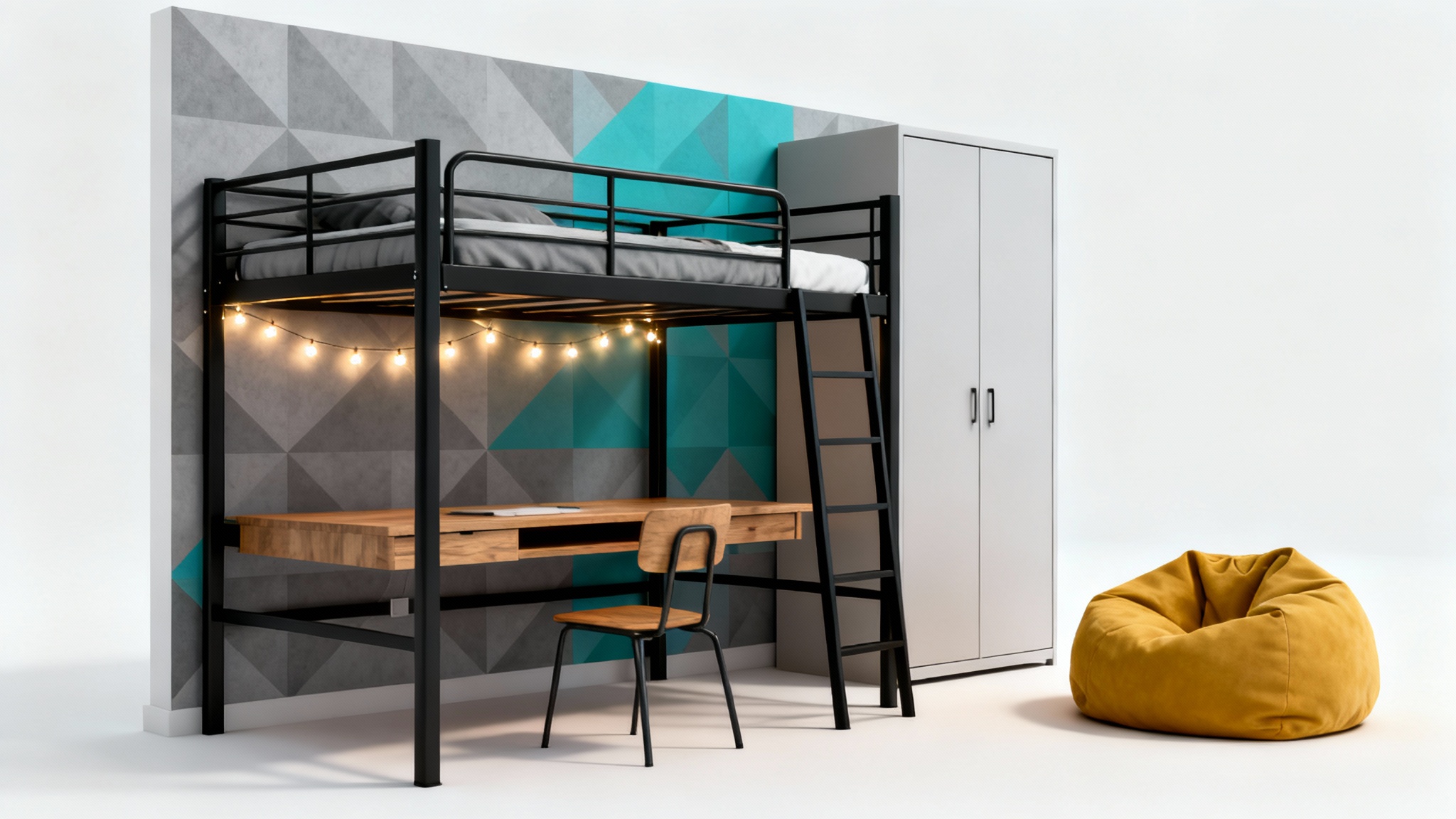 A modern and organized college dorm room, visualized as a 3D model with a loft bed, desk, and stylish teal and yellow decorations, set against a plain white background.