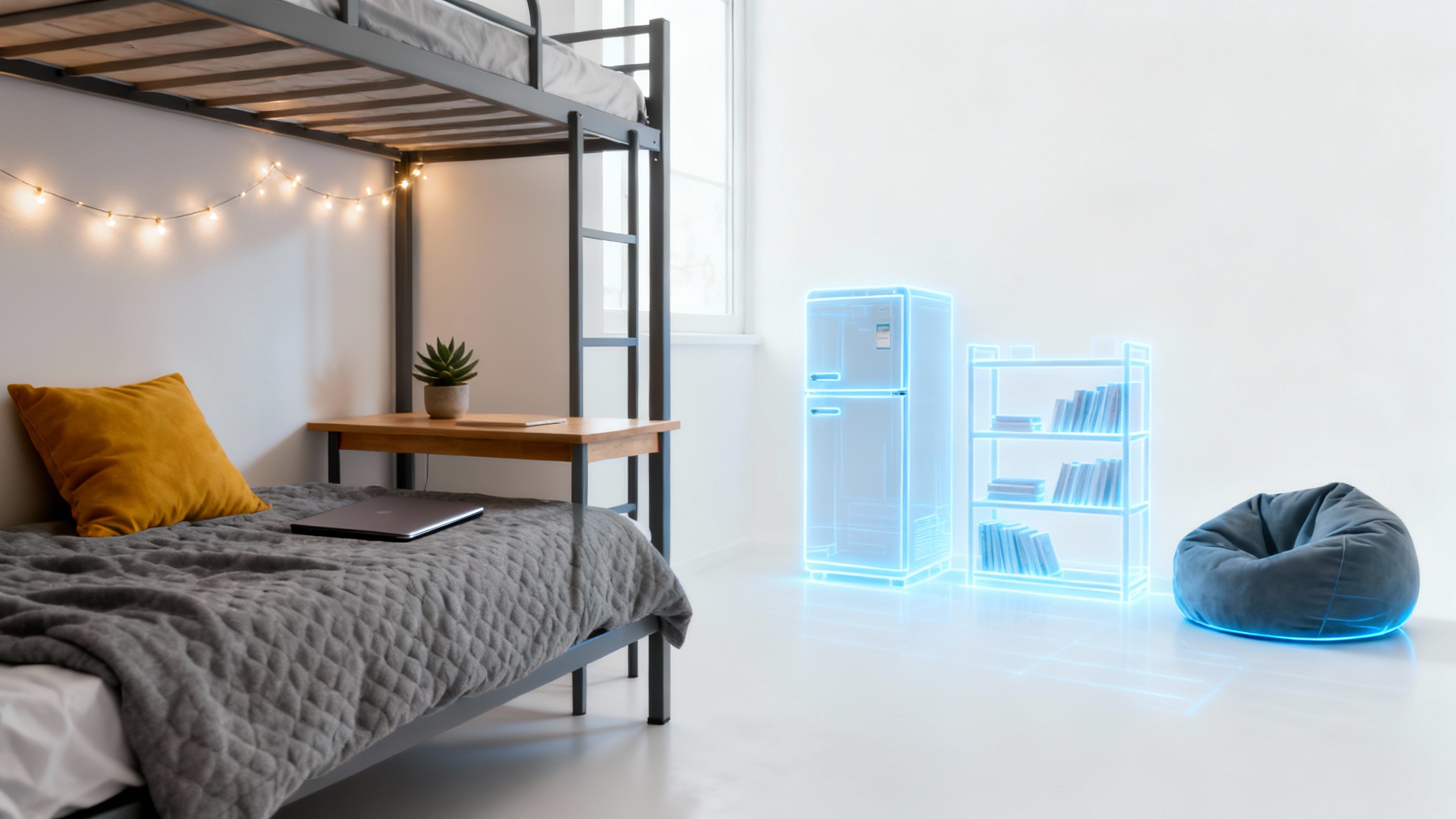 A photorealistic mockup of a dorm room being visualized, with one half fully furnished and the other half showing glowing blue holographic outlines of furniture being placed.