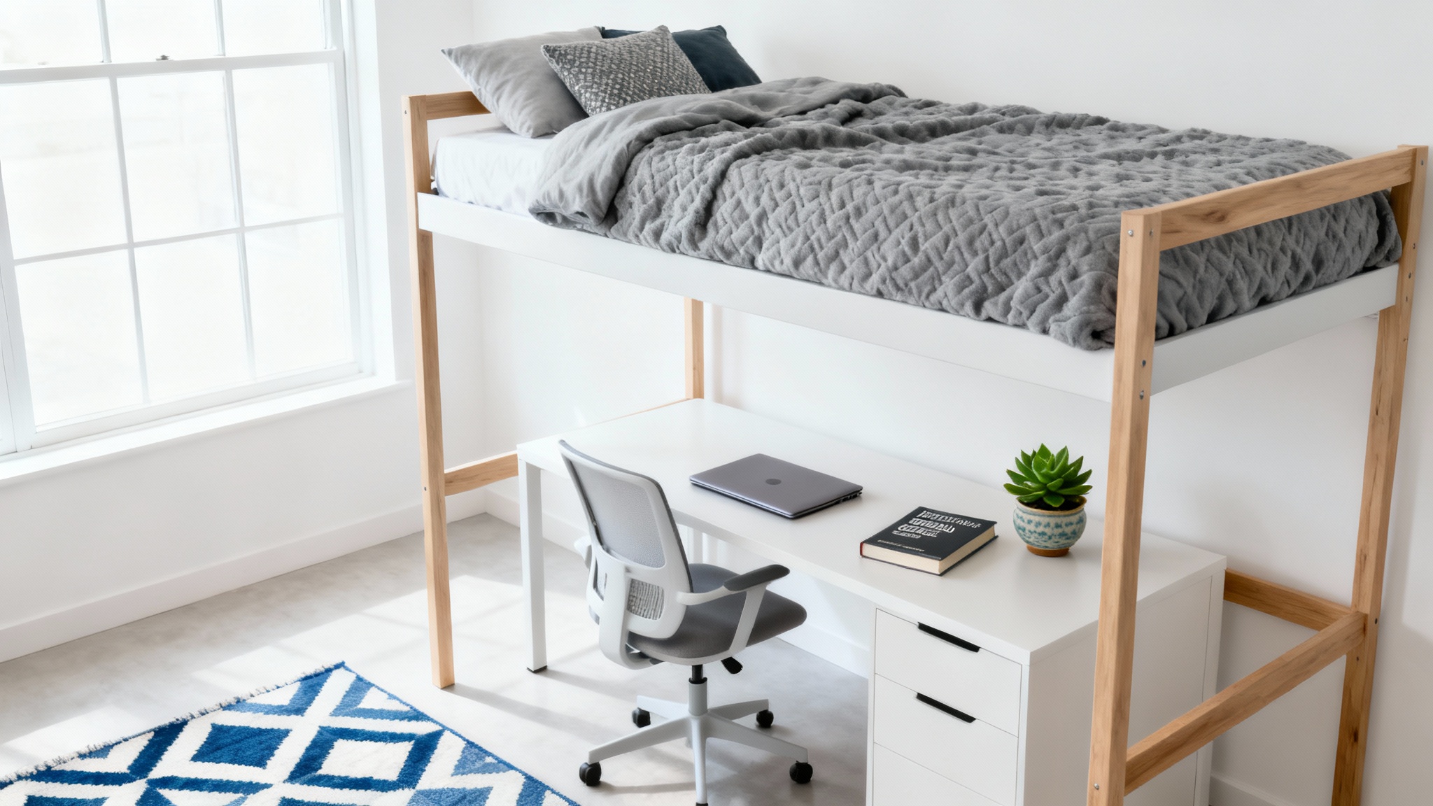 A photorealistic mockup of a perfectly organized and stylish modern dorm room, designed using a dorm room visualizer.