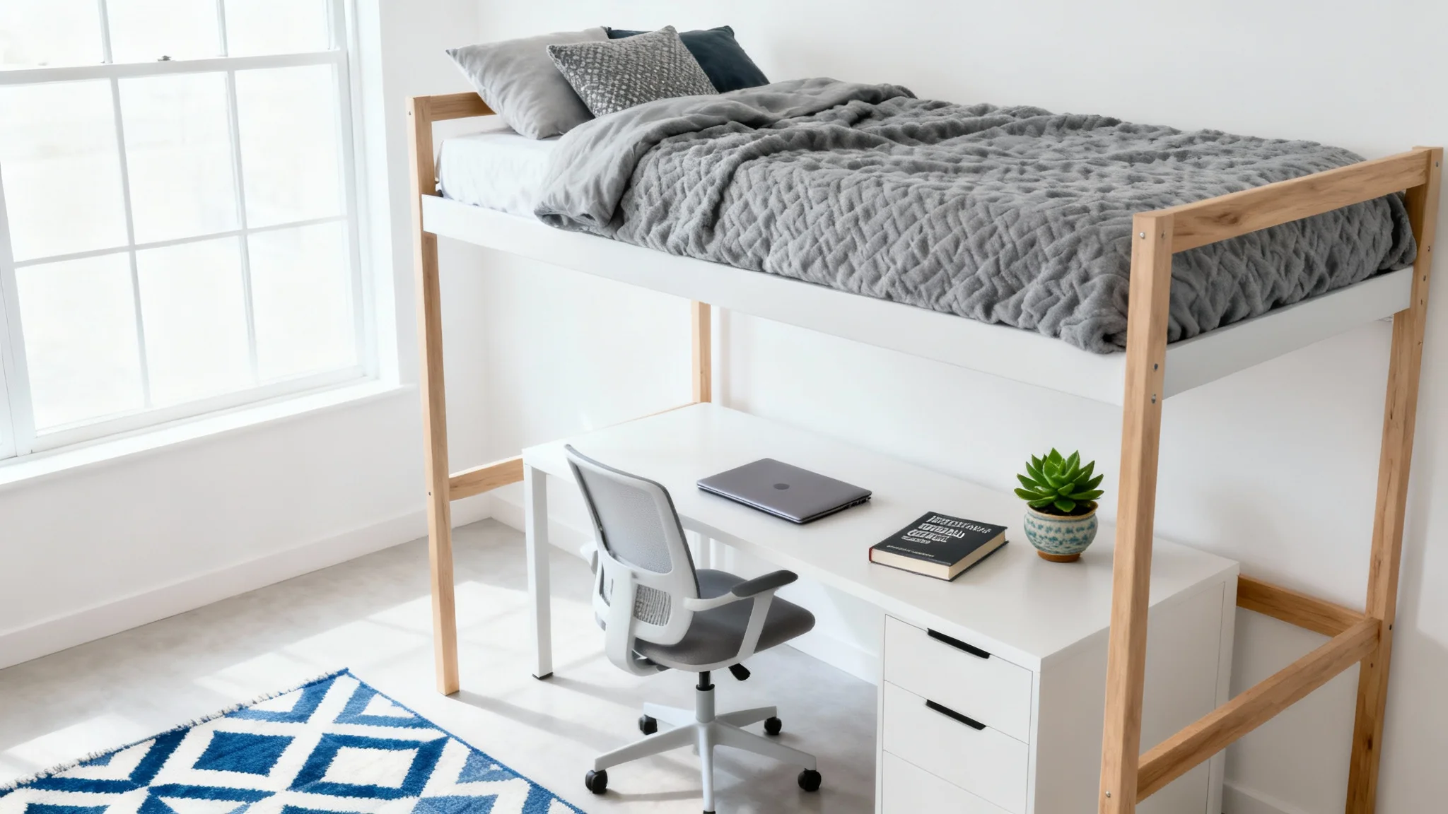 A photorealistic mockup of a perfectly organized and stylish modern dorm room, designed using a dorm room visualizer.