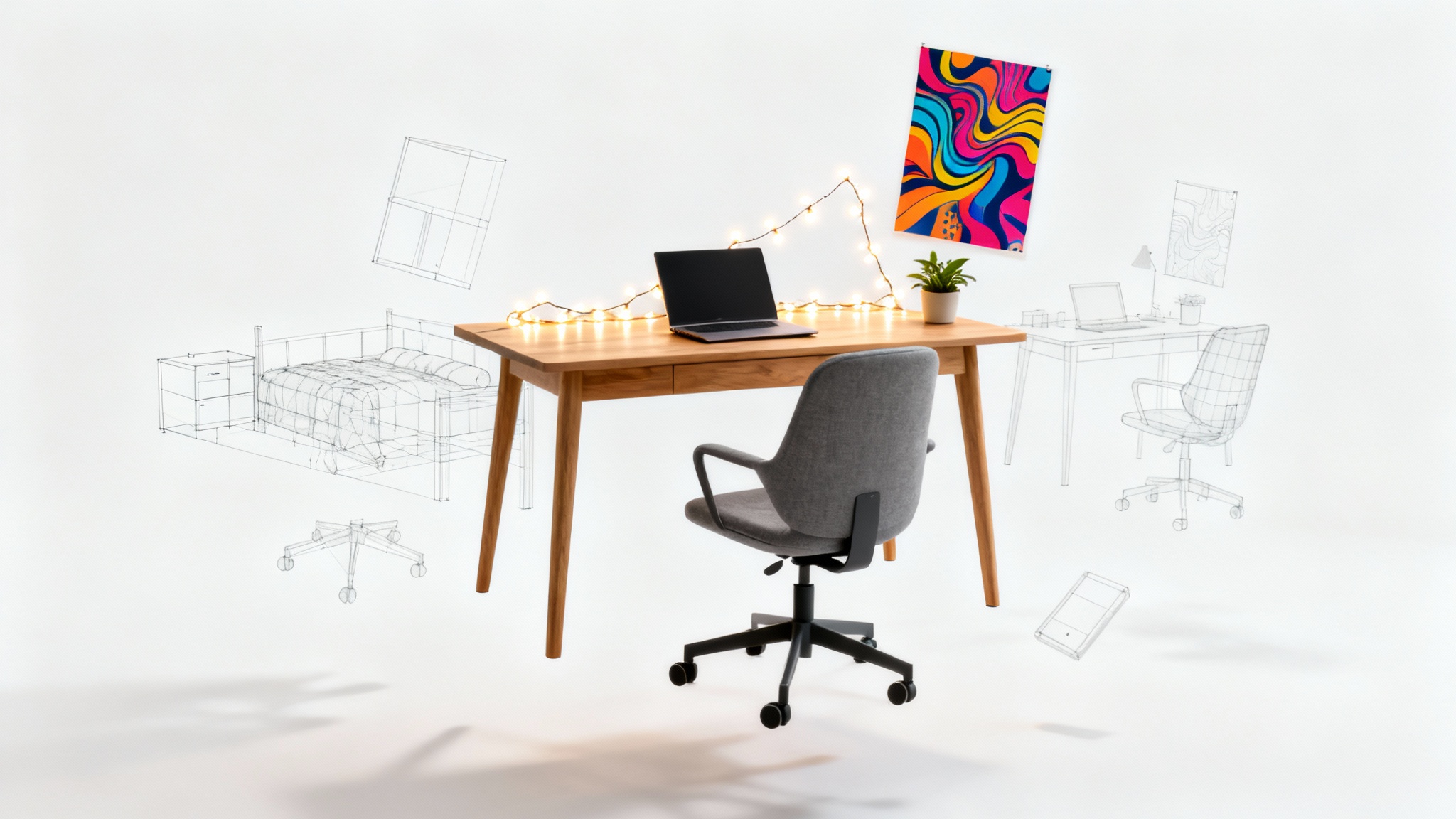 A conceptual image of a modern dorm room being designed, with a desk, chair, and decor items floating against a white background.