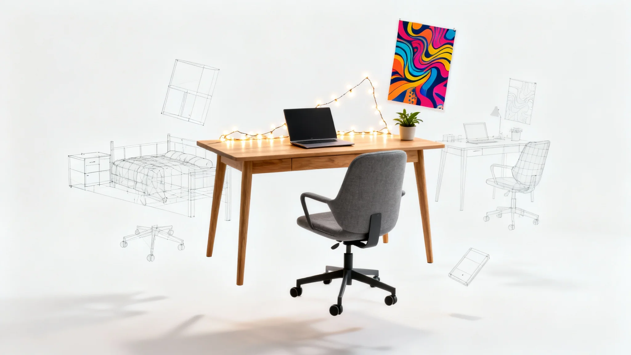 A conceptual image of a modern dorm room being designed, with a desk, chair, and decor items floating against a white background.