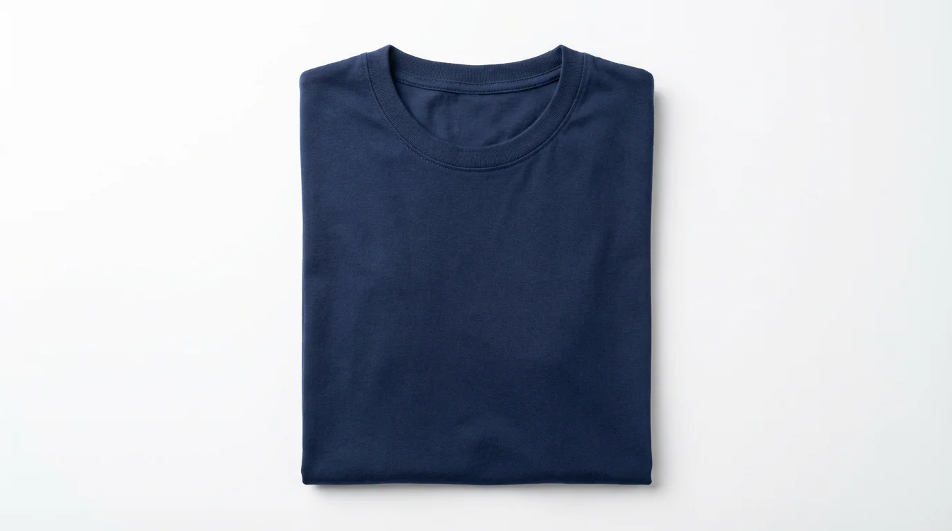 A professional, top-down product photograph of a neatly folded navy blue t-shirt centered on a stark white background.