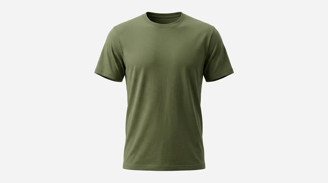 A professional product photograph of a high-quality olive green t-shirt on a ghost mannequin, set against a stark white background to highlight its texture and shape for online retail.