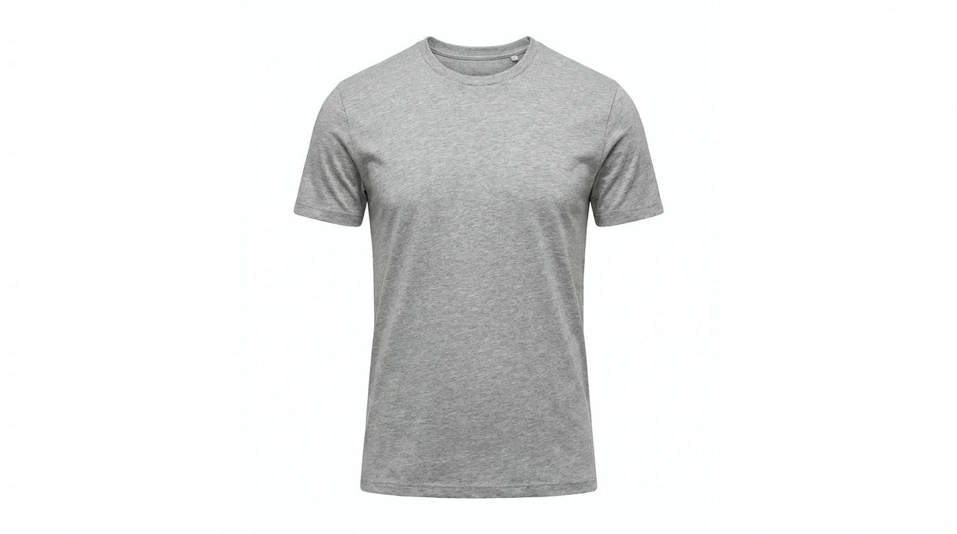 A high-quality product photograph of a heather grey t-shirt on a ghost mannequin, showcasing its shape and fabric texture against a clean white background.