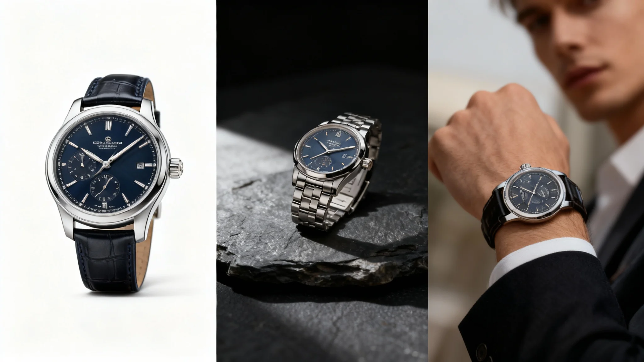 A grid of professional product photos for an e-commerce store, showing a luxury watch from different angles and in various lifestyle and studio settings.
