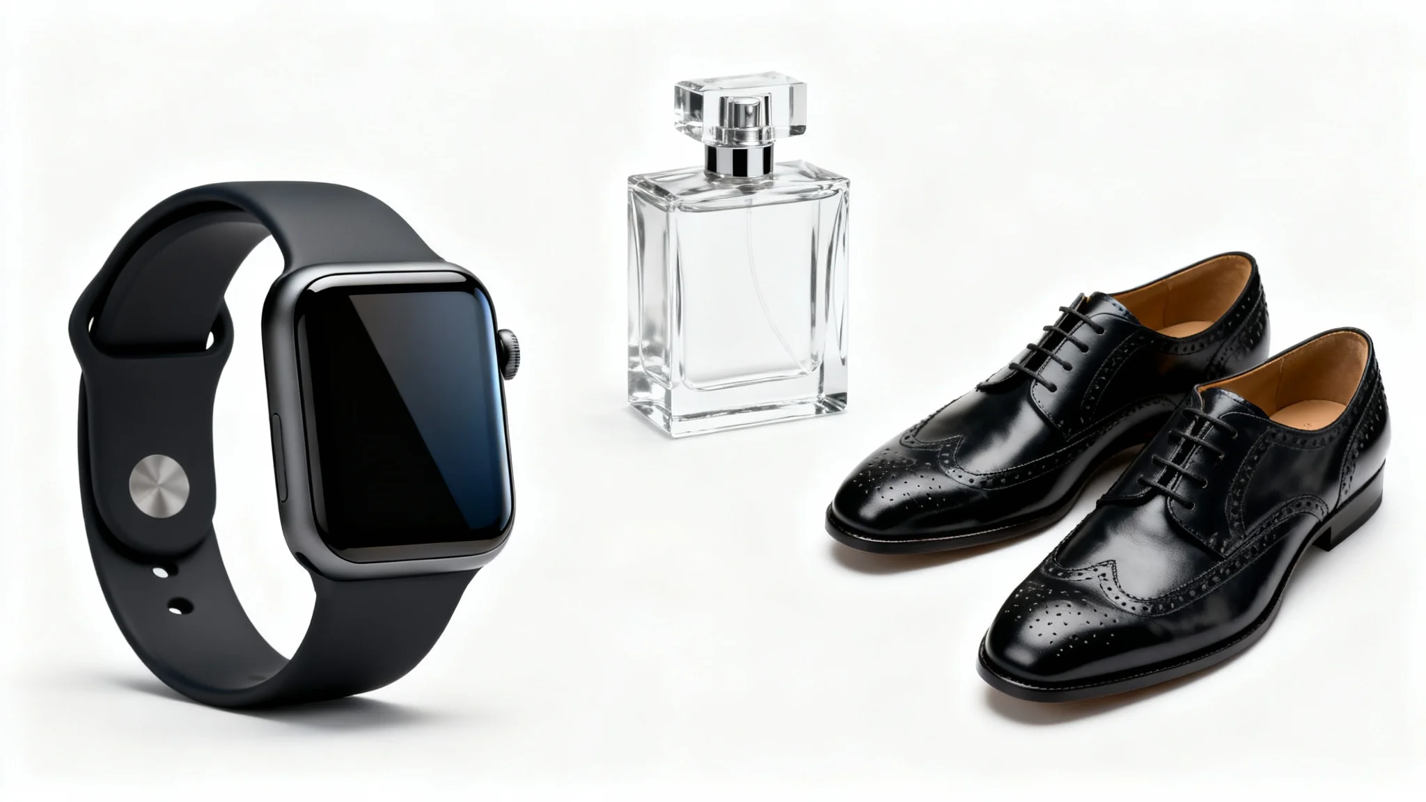 A professional product photograph of a smartwatch, a perfume bottle, and leather shoes arranged stylishly on a clean white background, demonstrating high-quality product photography.