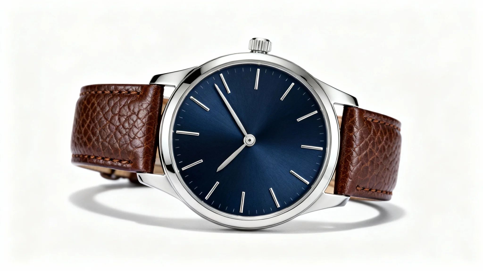A professional product photograph of a luxury wristwatch with a navy blue face and brown leather strap, shot in a studio against a clean white background.