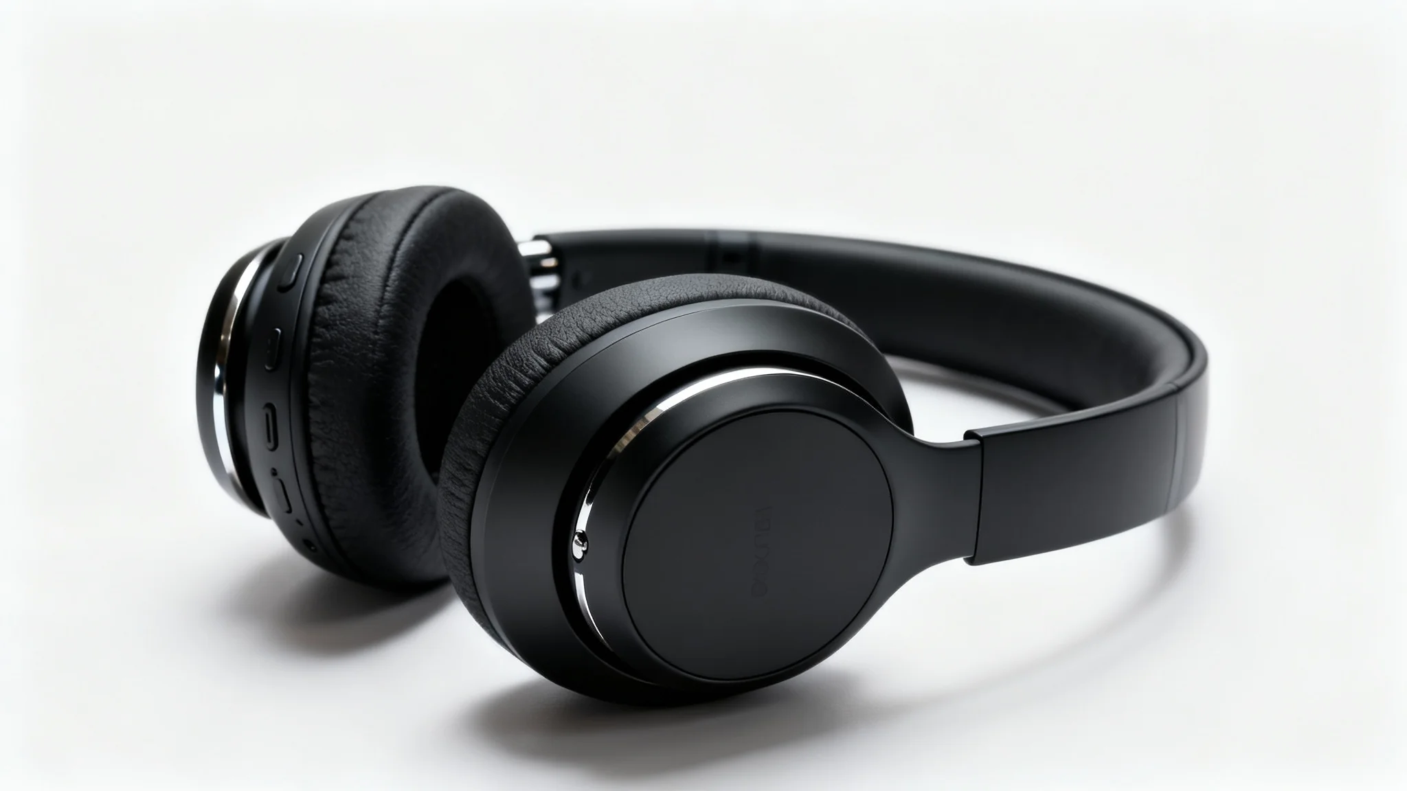 A professional product photograph of a pair of sleek, matte black wireless headphones displayed against a clean white background, emphasizing their modern and luxurious design.