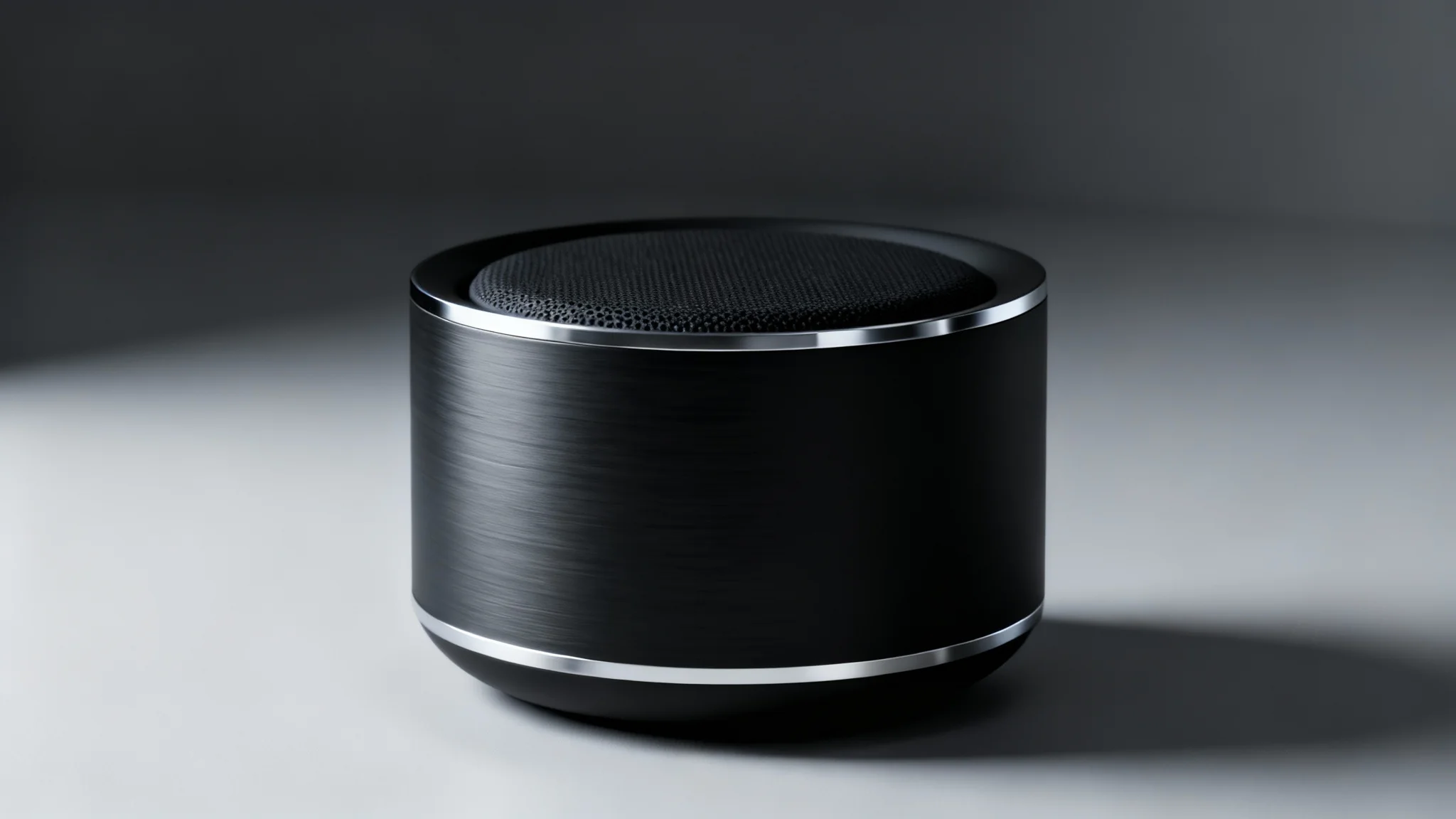 A photorealistic 3D rendering of a sleek, modern smart speaker in black and aluminum, shown in a professional studio setting with dramatic lighting.