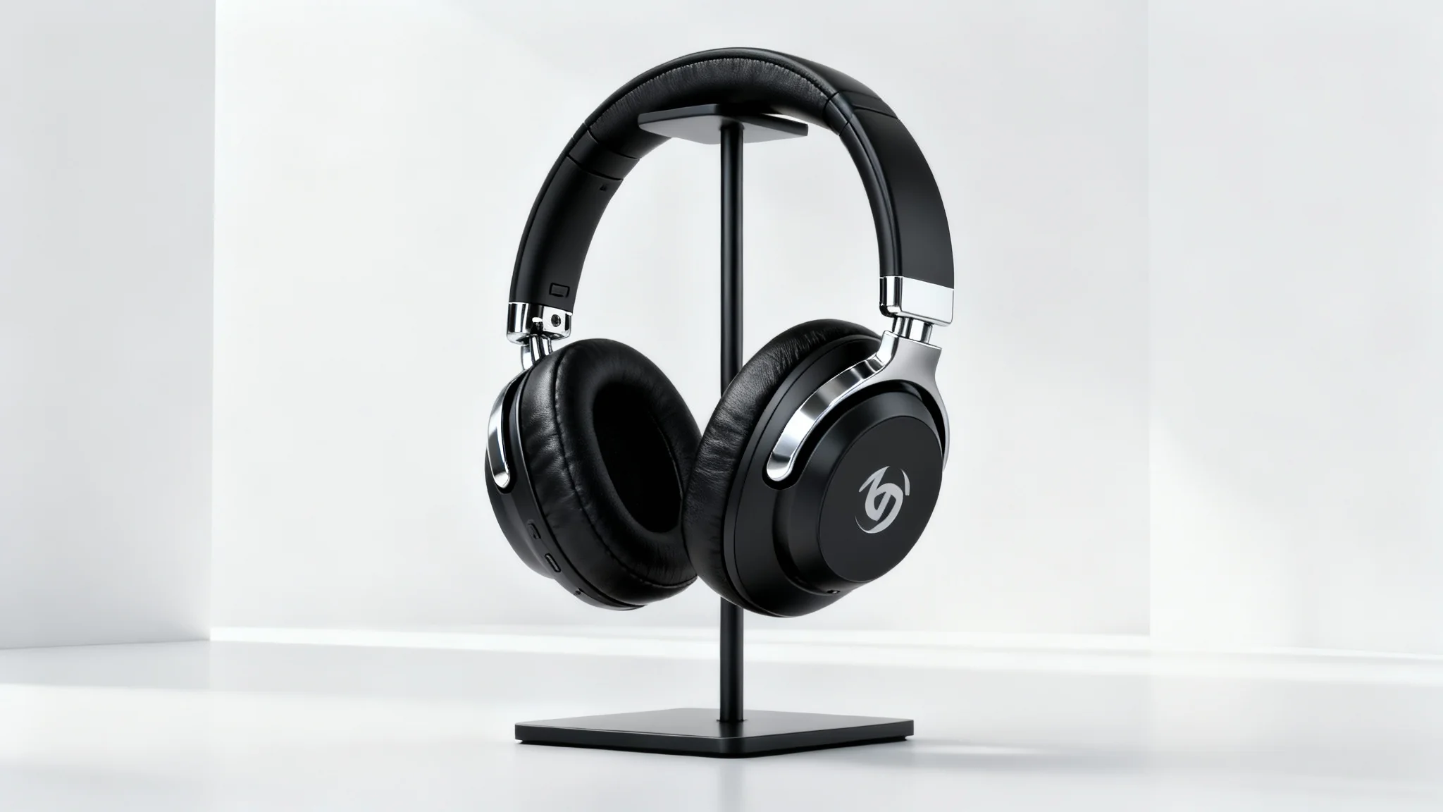 A hyper-realistic 3D product rendering of a pair of sleek, black wireless headphones with chrome details, displayed on a stand in a clean white studio setting.
