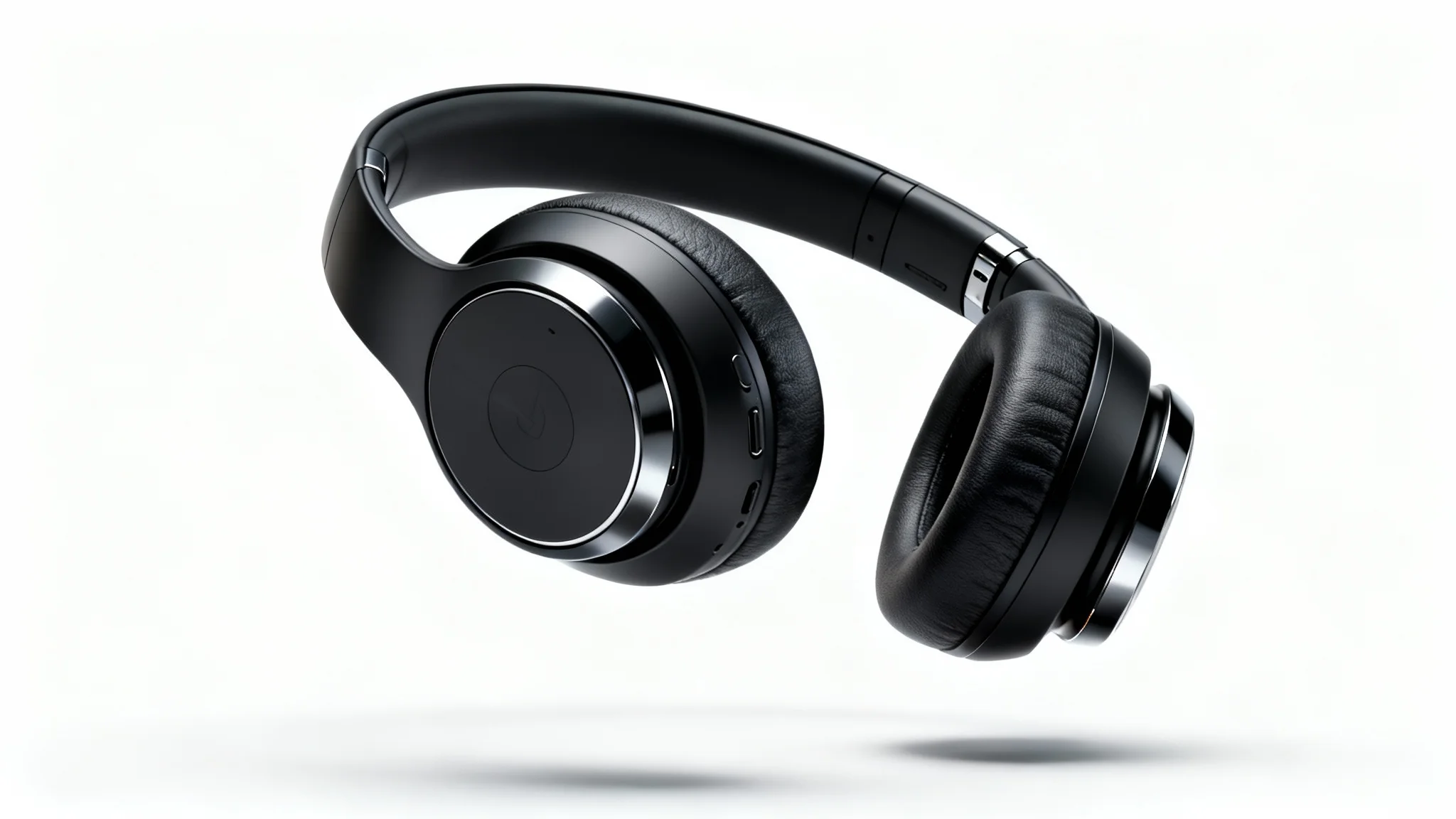A photorealistic 3D product rendering of a pair of sleek, black wireless headphones floating against a plain white background, showcasing detailed textures and professional lighting.