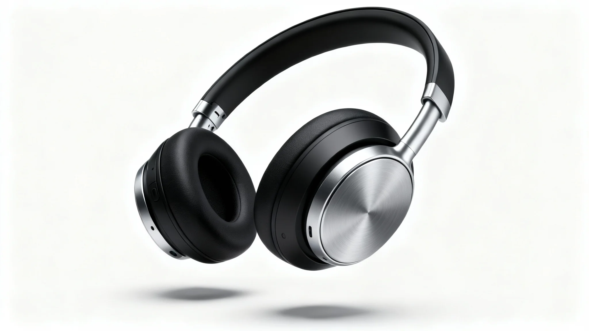 A photorealistic 3D rendering of a modern black and silver wireless headphone, displayed in a professional studio setting against a clean white background.