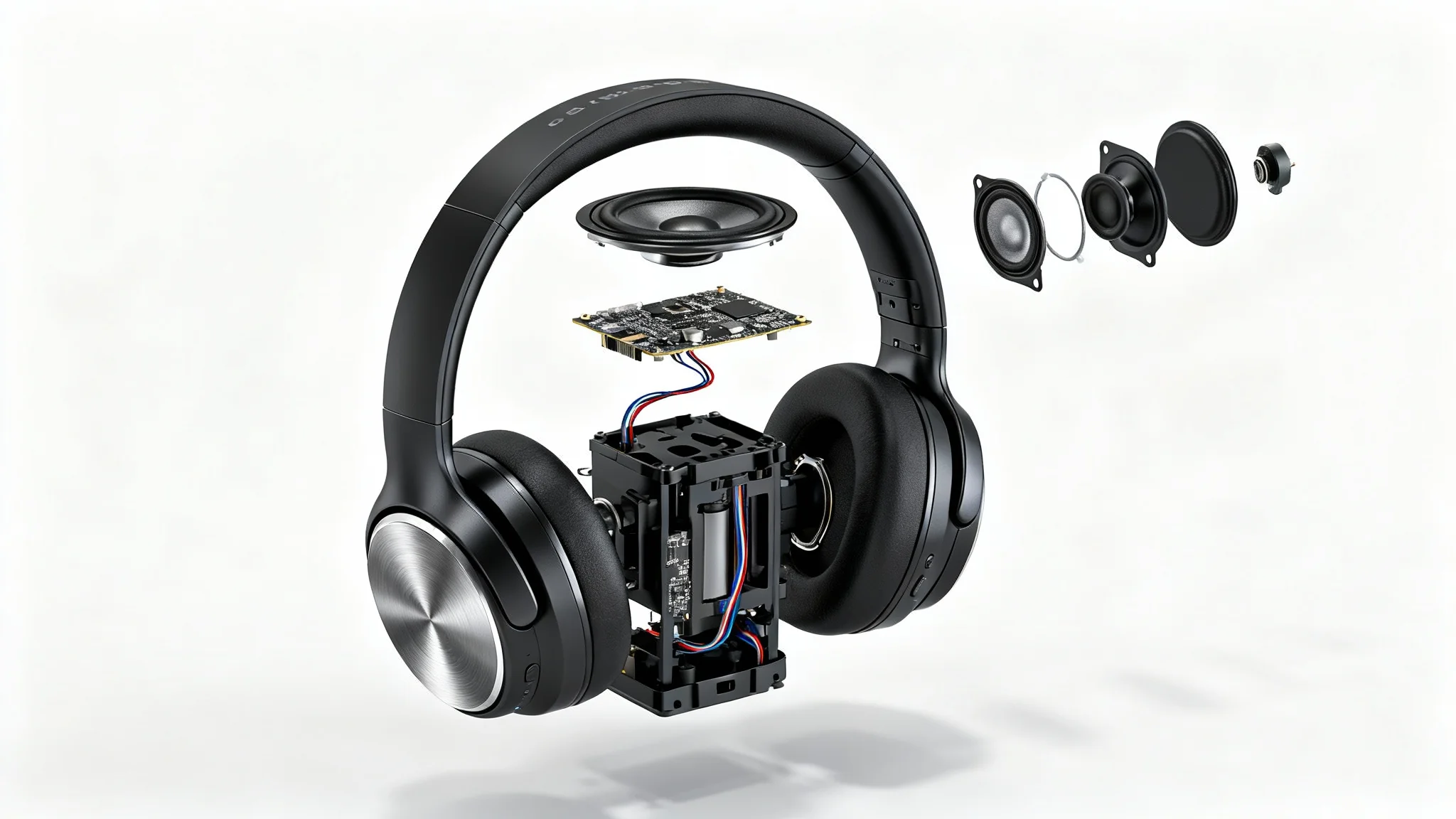 A photorealistic 3D rendering of a futuristic black and silver headphone shown in an exploded view, with its internal parts floating around it on a clean white background.