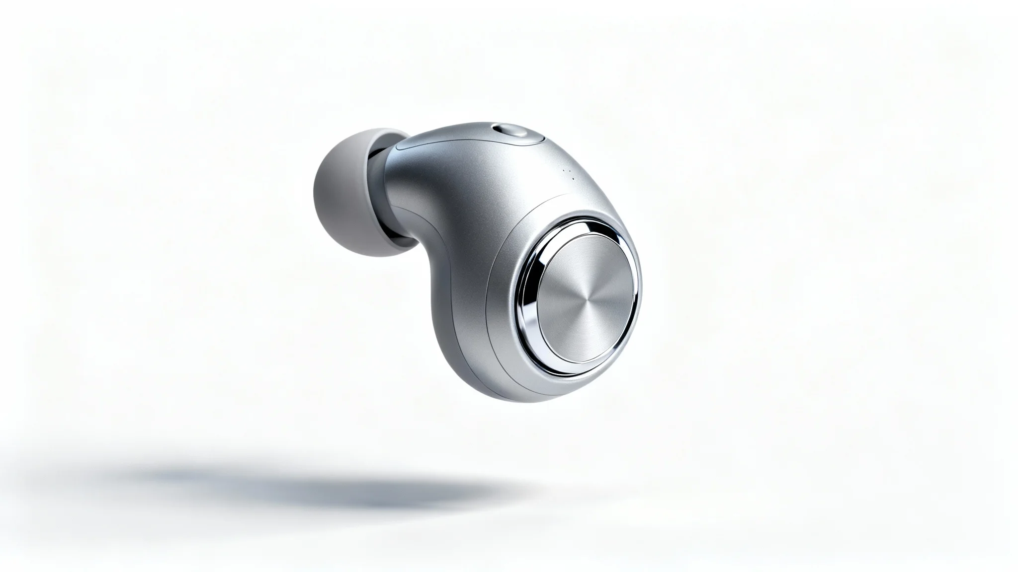 A photorealistic 3D render of a modern, silver wireless headphone with chrome accents, presented as a product shot against a clean white background.