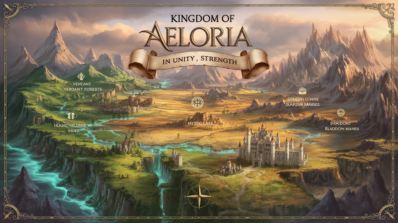 A finished, beautifully illustrated fantasy map of the 'Kingdom of Aeloria,' showing different regions like forests and mountains, key landmarks with icons, a compass rose, and a decorative banner with a motto.