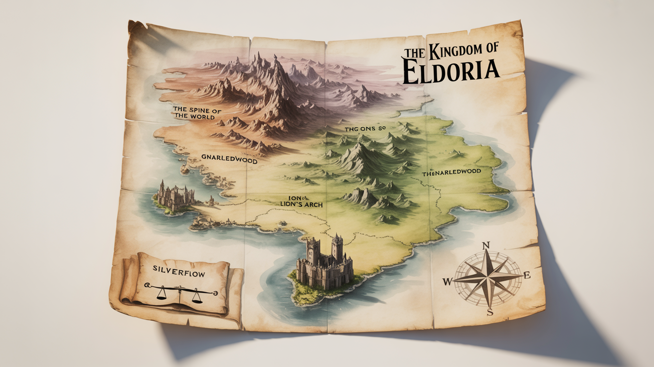 A detailed fantasy map of a kingdom named Eldoria, drawn on old parchment. It shows mountains, forests, and cities, presented as a mockup on a plain white background.
