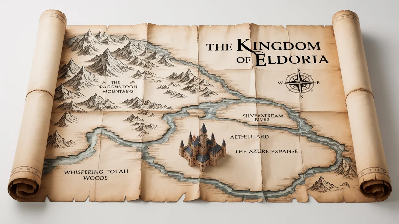 A detailed, hand-drawn fantasy map of the fictional 'Kingdom of Eldoria' on aged parchment, showing mountains, forests, and cities, laid out on a white background.