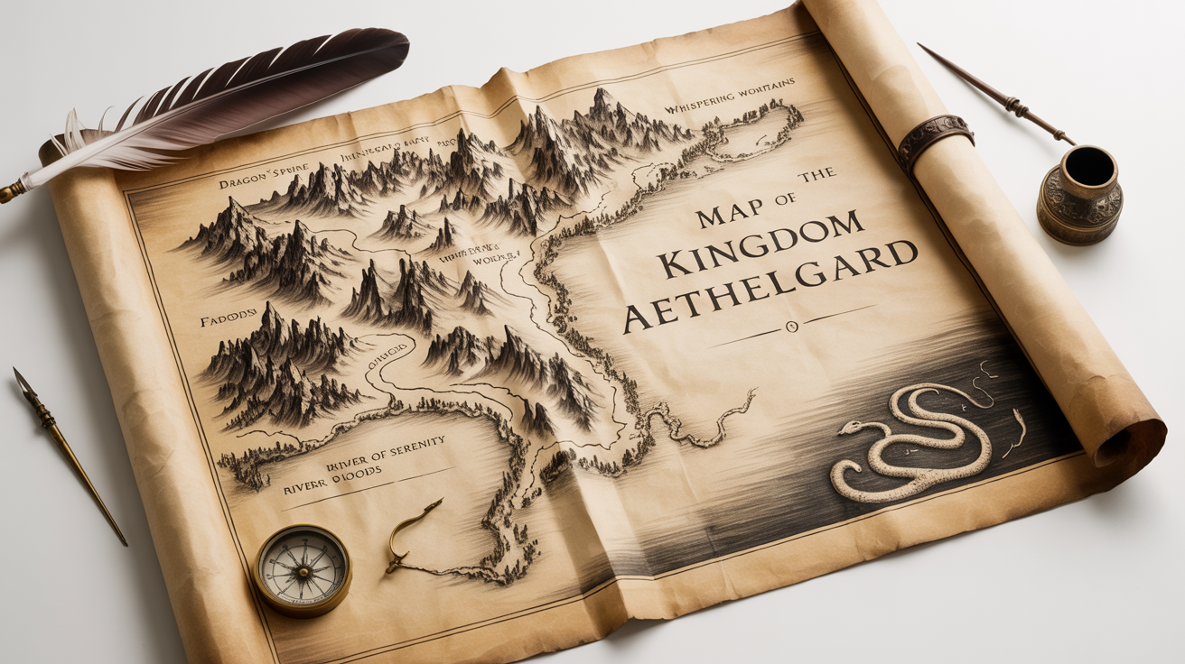 A detailed fantasy map of the fictional Kingdom of Aethelgard, laid out on a white background. The map is drawn on aged parchment and shows mountains, forests, rivers, and cities.