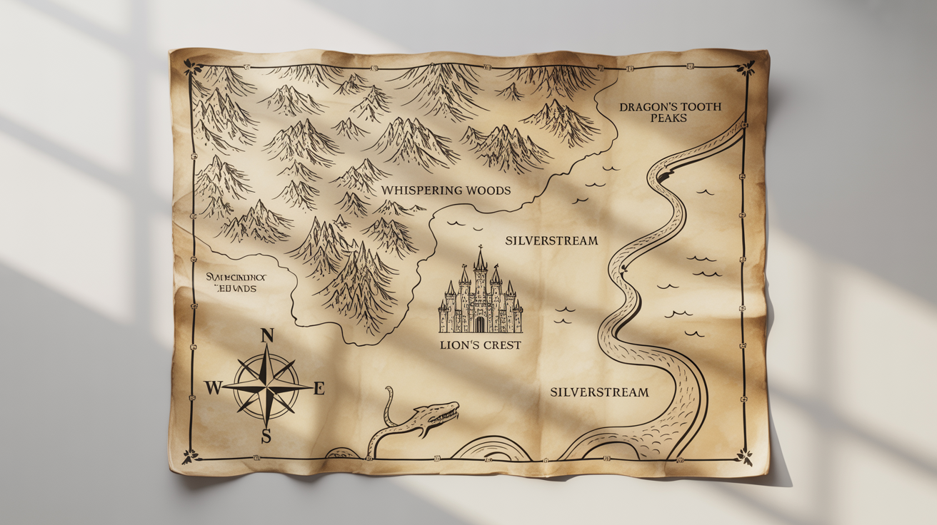 A detailed fantasy kingdom map on aged parchment, showing mountains, forests, a capital city named 'Lion's Crest', and other geographical features, presented against a plain white background.