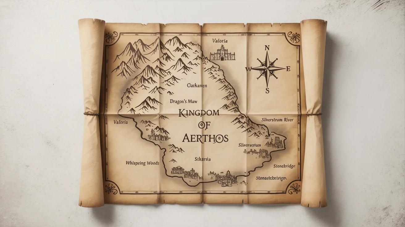 An overhead view of a fictional fantasy kingdom map named 'Kingdom of Aerthos', laid out on a white background. The map features hand-drawn mountains, forests, and rivers, with labels in a fantasy script.