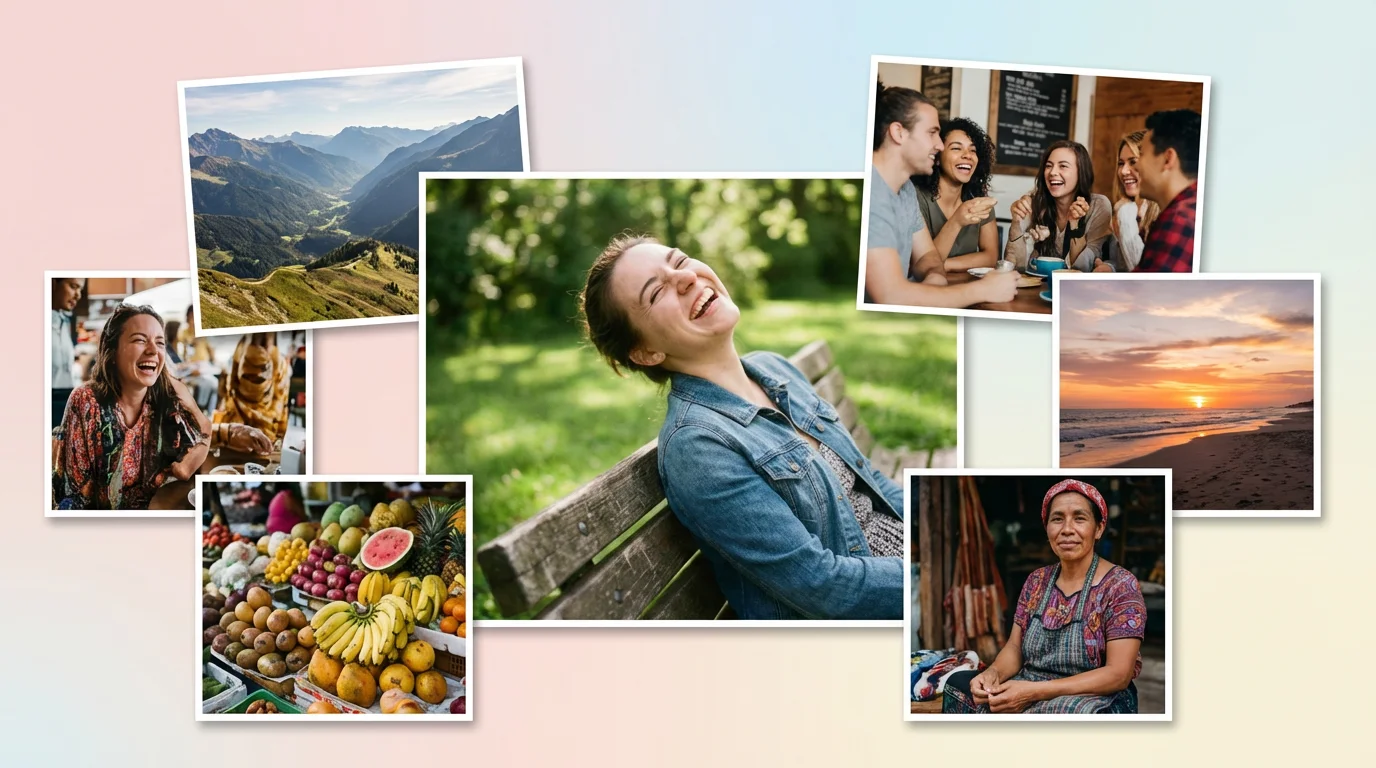 A professionally designed 16:9 photo collage showing the final result, with overlapping travel photos in different sizes, each with a white border and soft shadow on a pastel background.