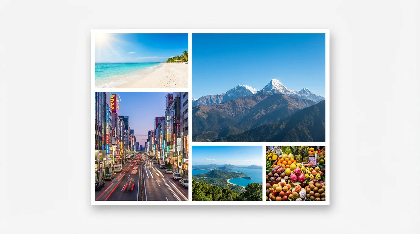 A professionally designed photo collage mockup featuring four vibrant travel photos of a beach, city, mountains, and market, arranged in a modern grid layout on a clean white background.