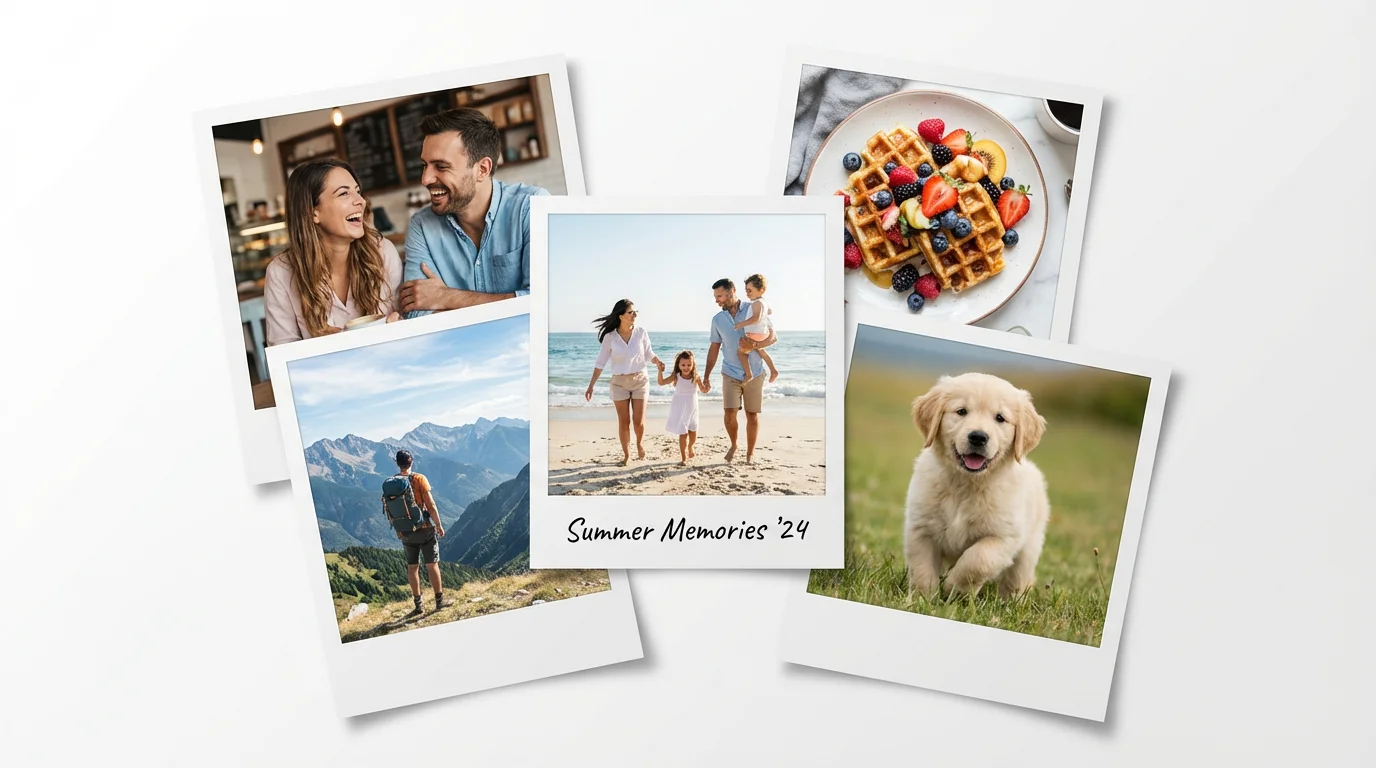 A top-down view of a photo collage with several overlapping instant-film style photos on a white background. The photos show happy memories, including a family at the beach, a couple laughing, and a mountain landscape.