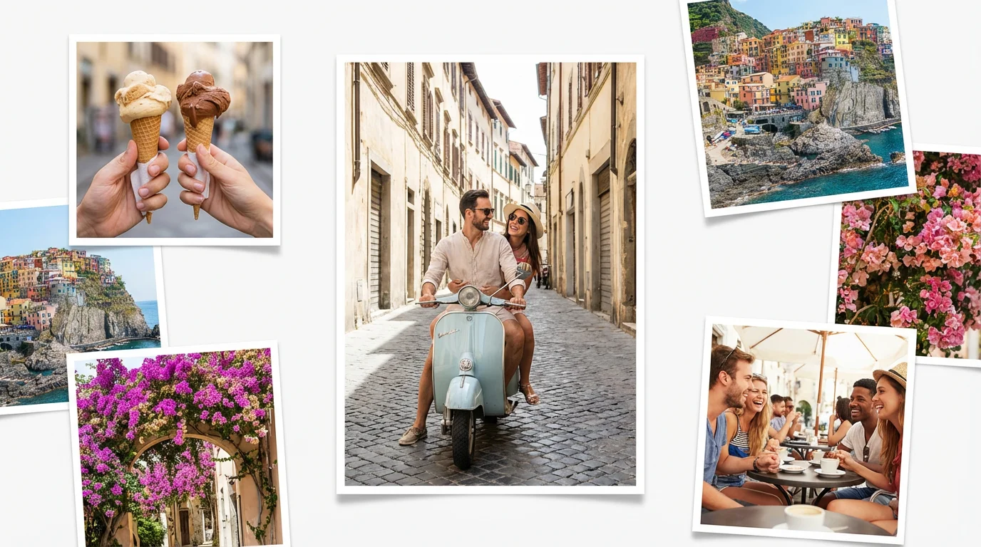 A flat lay mockup of a photo collage with pictures from a sunny Italian vacation, arranged in a modern grid on a white background.