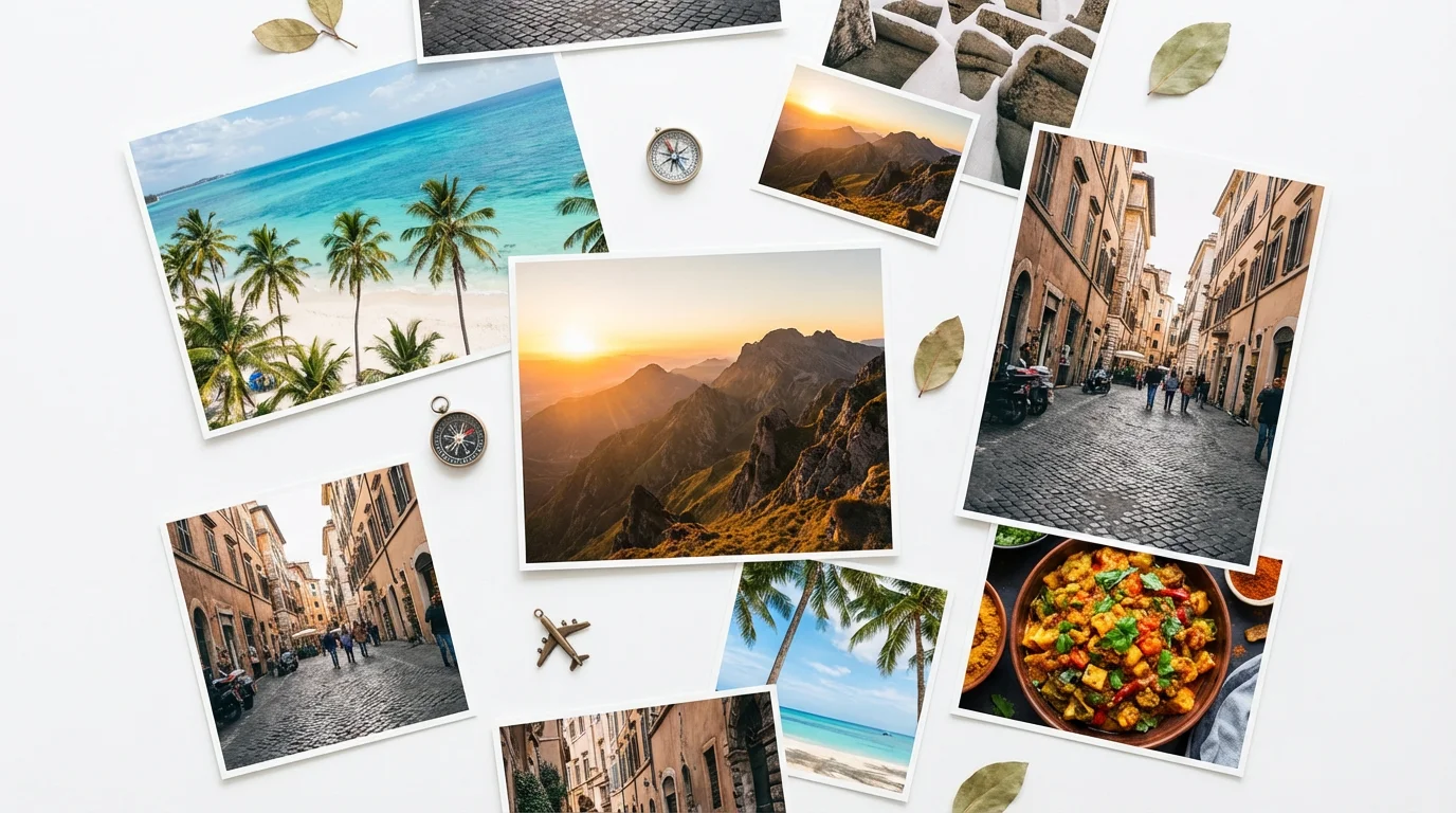 A flat-lay view of a photo collage featuring various travel pictures, including a beach, mountains, and a city, arranged in an overlapping style on a clean white background.