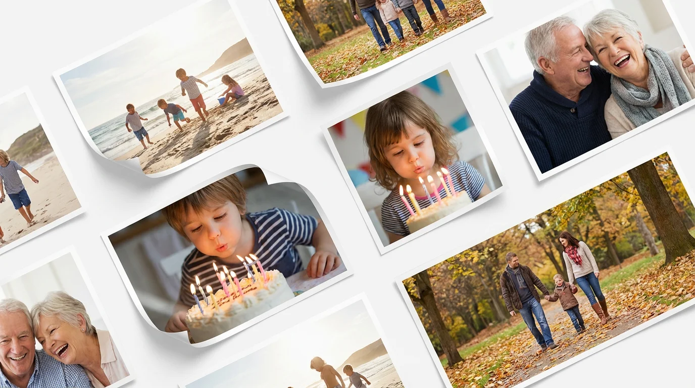 A flat lay mockup of a photo collage showing happy family pictures, including a beach scene and a birthday party, arranged artfully on a clean white background.