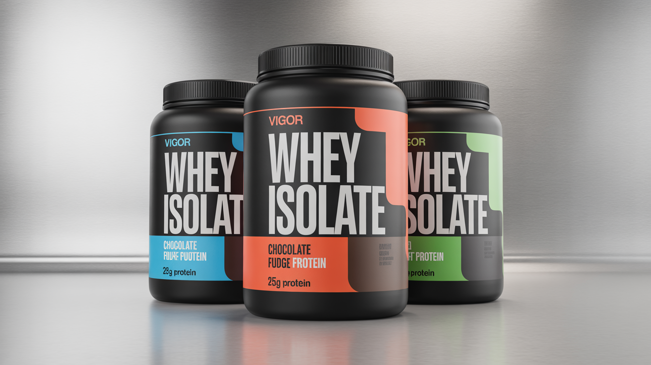 A lineup of three modern, black protein powder tubs with minimalist designs, showcased in a professional product photo against a light gray background.