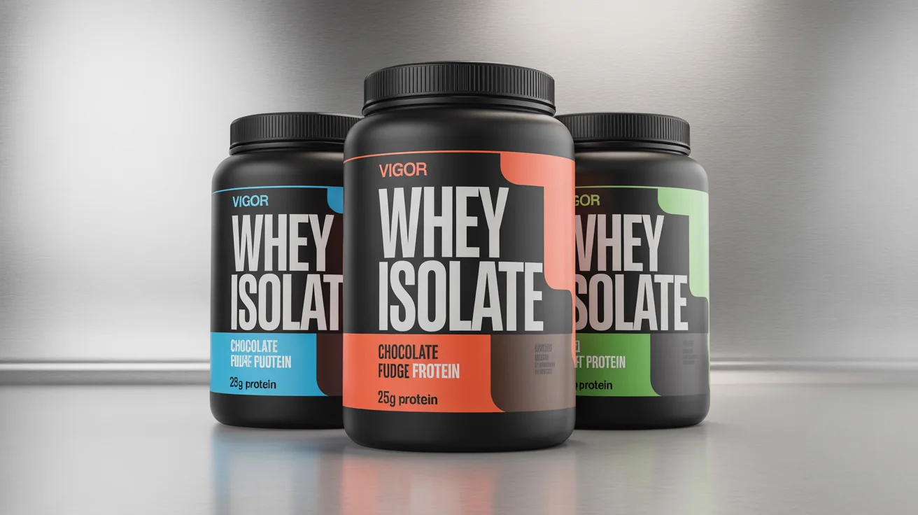 A lineup of three modern, black protein powder tubs with minimalist designs, showcased in a professional product photo against a light gray background.