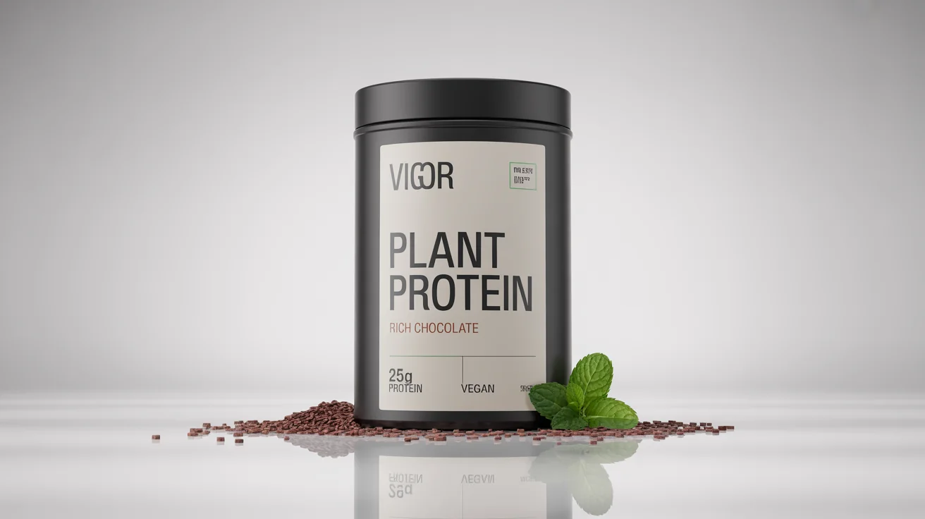 A professional product photograph of a matte black tub of 'VIGOR' brand 'PLANT PROTEIN' powder in 'RICH CHOCOLATE' flavor, displayed against a plain white background.