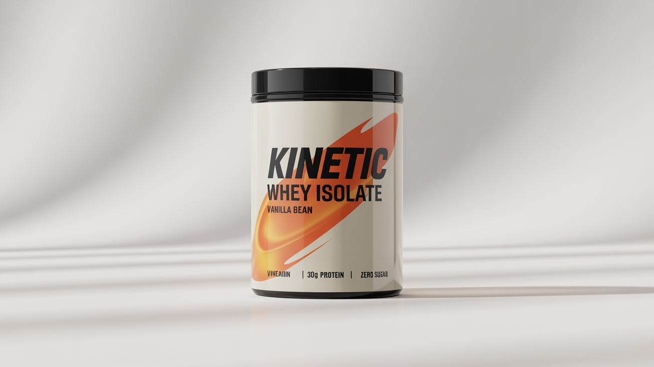 A photorealistic product mockup of a glossy white protein powder tub with a black lid, set against a plain white background. The label features the brand name 'KINETIC' and the flavor 'VANILLA BEAN'.