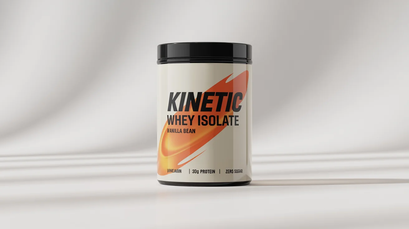 A photorealistic product mockup of a glossy white protein powder tub with a black lid, set against a plain white background. The label features the brand name 'KINETIC' and the flavor 'VANILLA BEAN'.