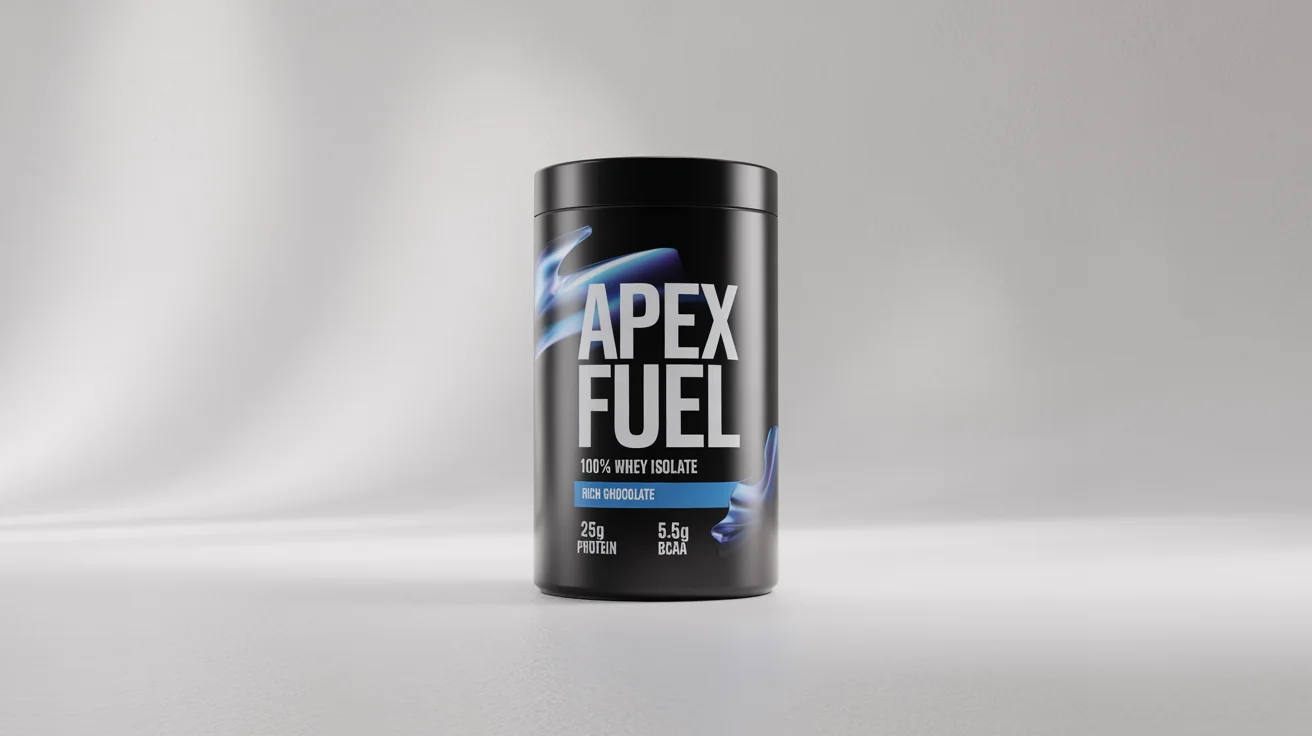 A realistic mockup of a matte black tub of 'APEX FUEL' whey protein isolate in rich chocolate flavor, set against a clean white background.