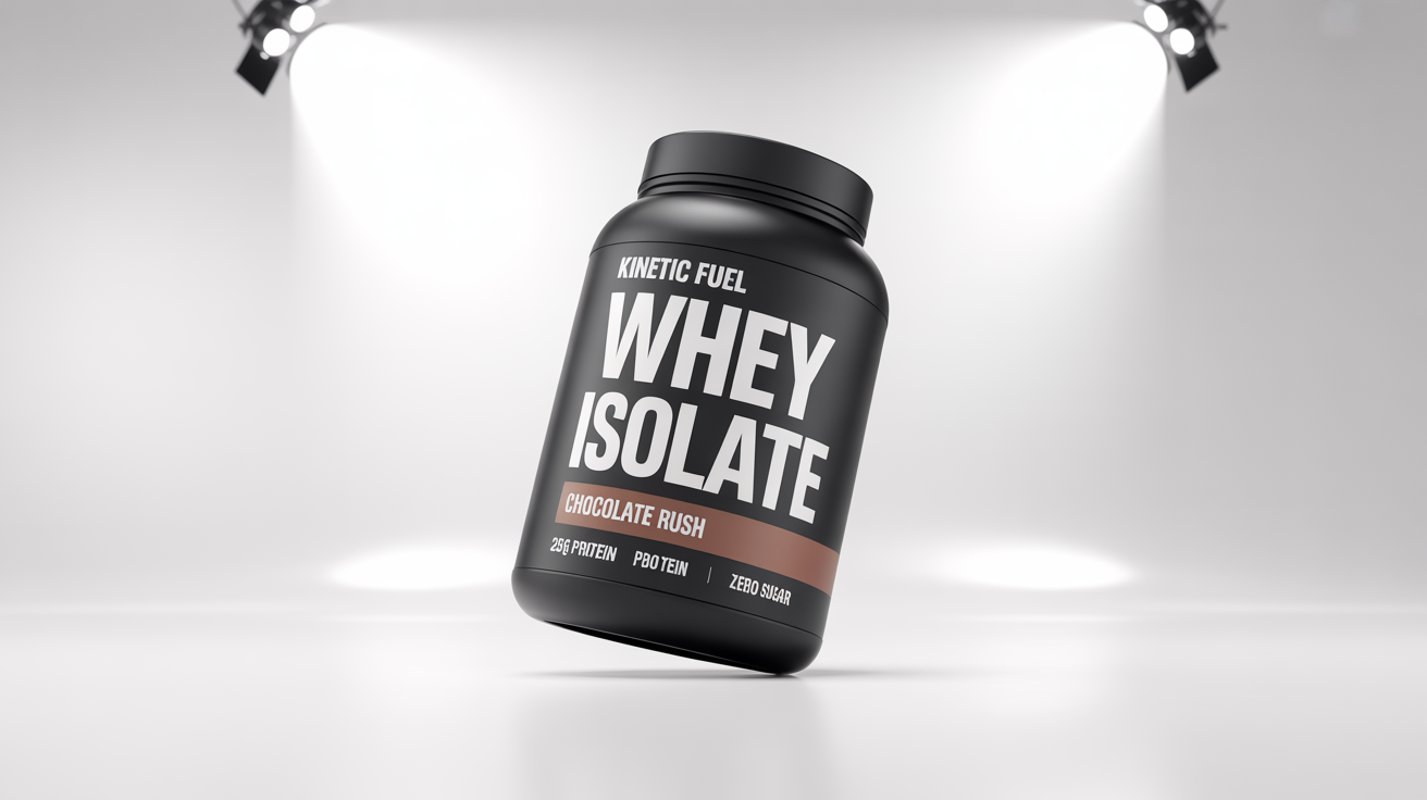 A photorealistic mockup of a matte black protein powder tub with a modern label for a brand called 'KINETIC FUEL'. The flavor is 'Chocolate Rush' and it highlights '25g Protein'.