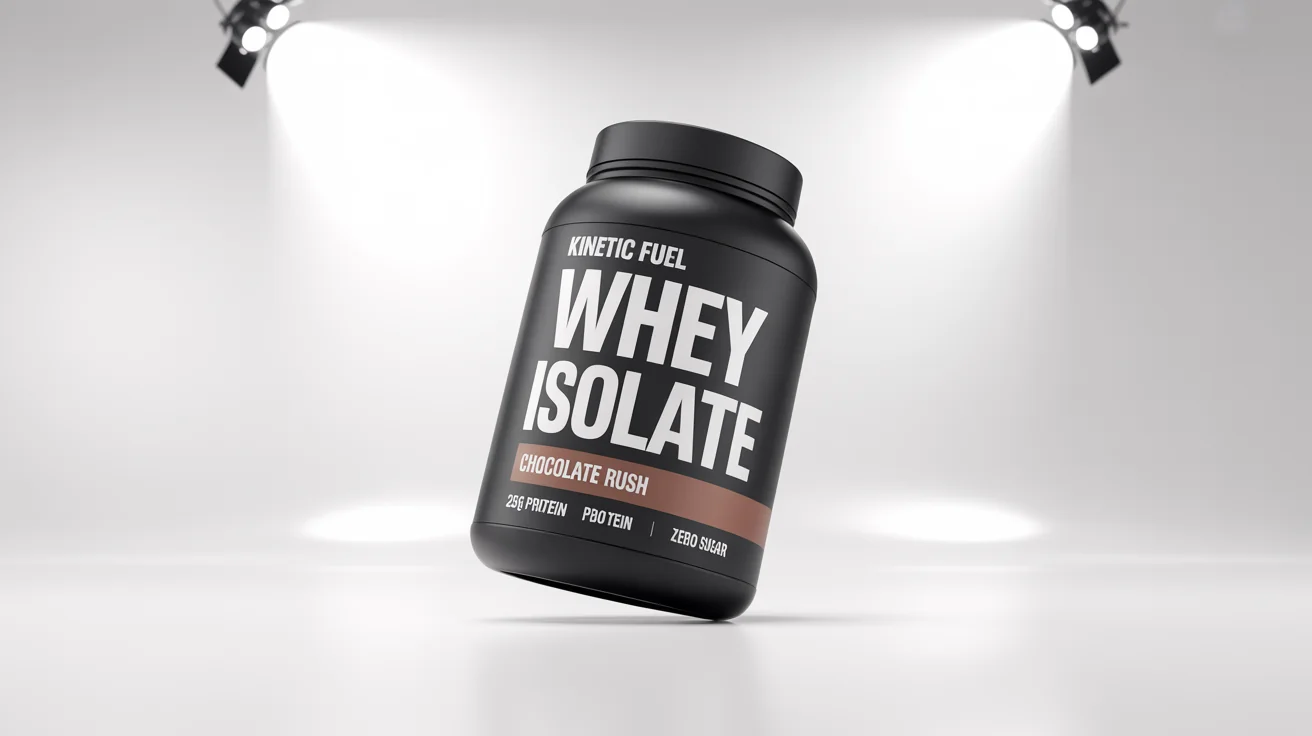 A photorealistic mockup of a matte black protein powder tub with a modern label for a brand called 'KINETIC FUEL'. The flavor is 'Chocolate Rush' and it highlights '25g Protein'.