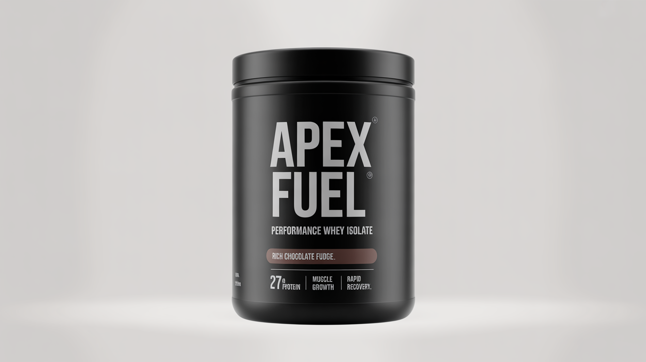A photorealistic mockup of a sleek, matte black protein powder tub labeled 'APEX FUEL' and 'RICH CHOCOLATE FUDGE', shot in a professional studio setting against a white background.