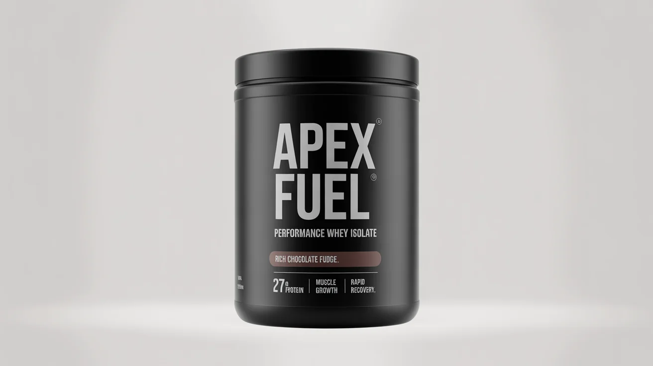 A photorealistic mockup of a sleek, matte black protein powder tub labeled 'APEX FUEL' and 'RICH CHOCOLATE FUDGE', shot in a professional studio setting against a white background.