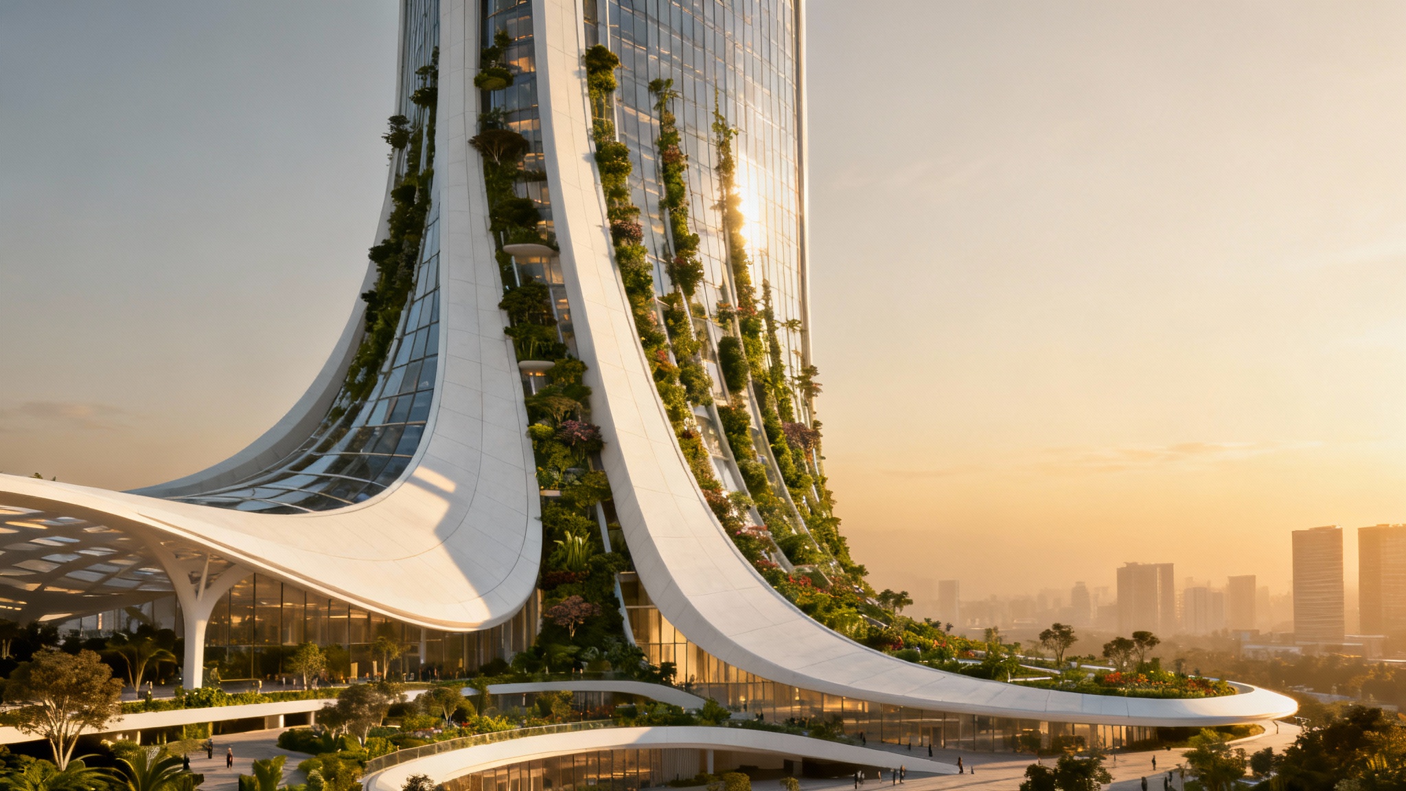 A photorealistic rendering of a majestic, futuristic skyscraper with curved, organic architecture and lush vertical gardens, set against a golden hour sky in a modern city.