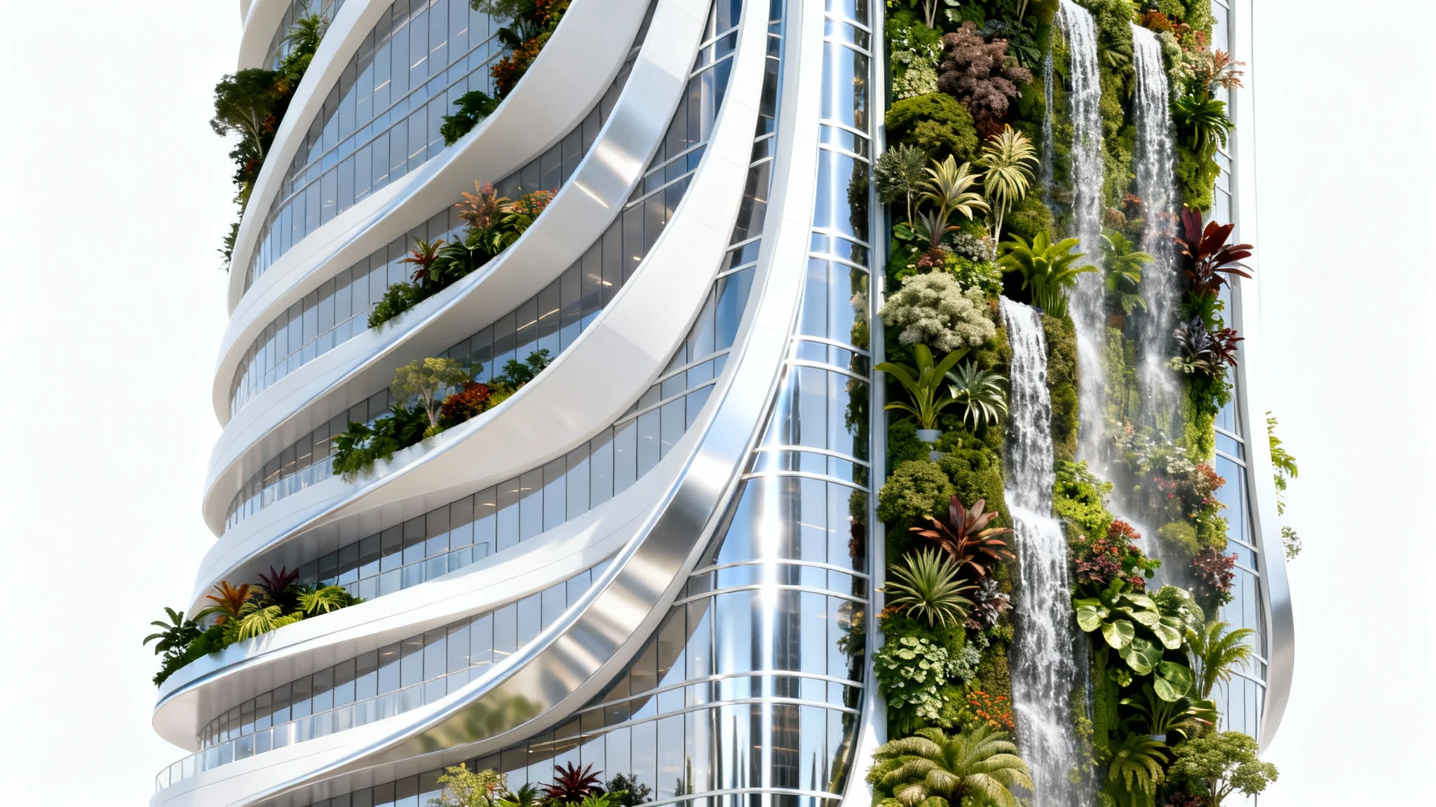 A futuristic skyscraper designed with organic curves and integrated vertical gardens, presented as a high-quality mockup against a stark white background, showcasing future architecture.